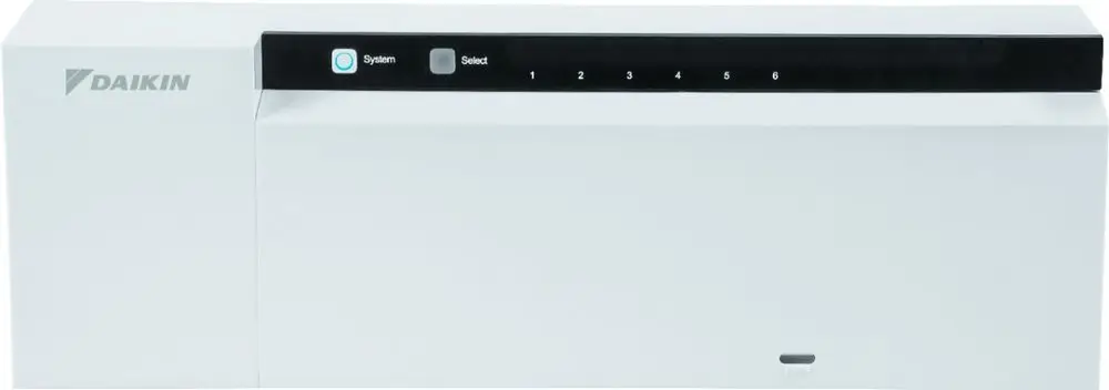 Weißer Regler von Daikin mit einem schwarzen Bedienfeld und sechs Tasten zur Steuerung. Oben links ist eine Statusanzeige sichtbar.